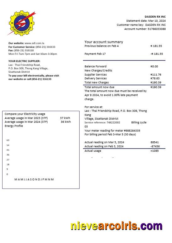 Laos Electricite du Laos electricity business utility bill